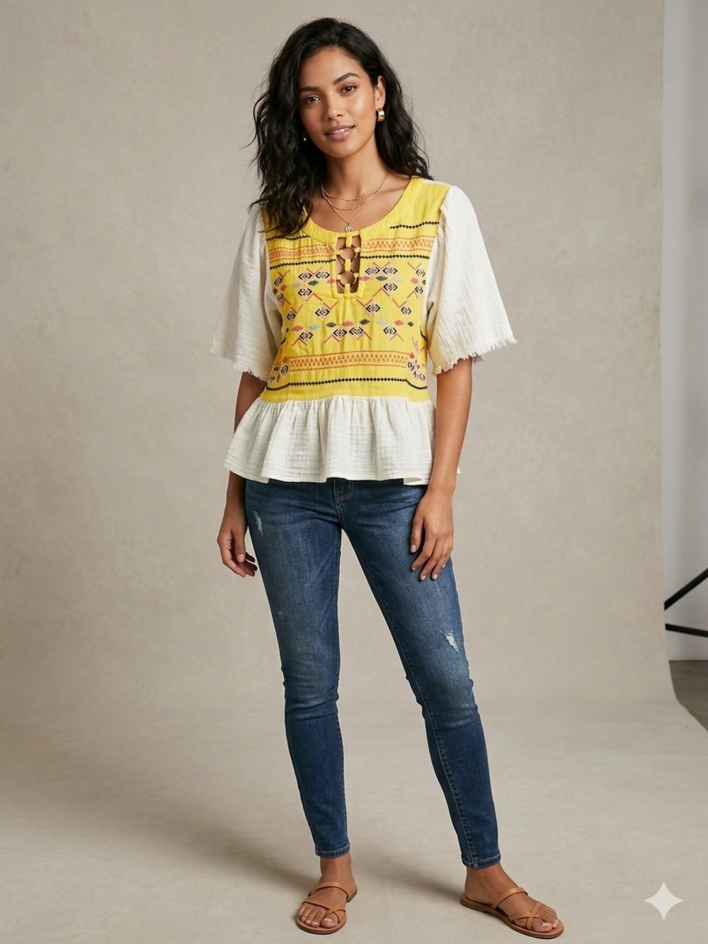 White Cotton Top with Yellow Embroidered Front Panel